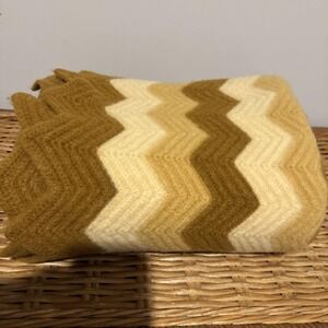VTG Grandma Made Wool Afghan Chevron Brown Zigzag Lap Blanket Throw